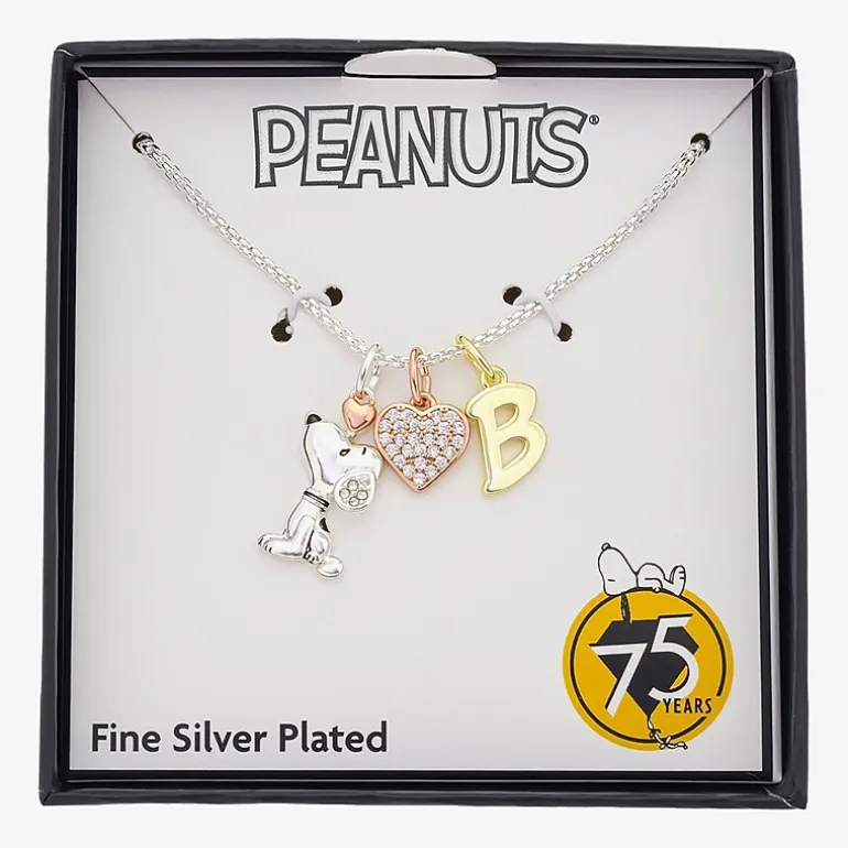 Peanuts Initial Womens Cubic Zirconia 10K Gold Over Brass Pure Silver Over Brass Heart 16 Inch Charm Pendant Necklace
