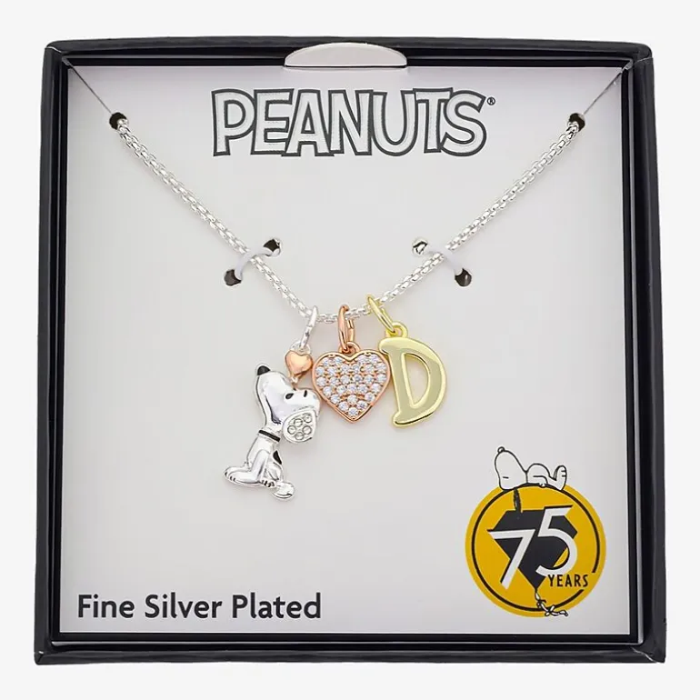 Peanuts Initial Womens Cubic Zirconia 10K Gold Over Brass Pure Silver Over Brass Heart 16 Inch Charm Pendant Necklace