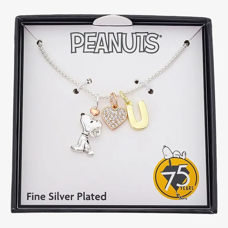 Peanuts Initial Womens Cubic Zirconia 10K Gold Over Brass Pure Silver Over Brass Heart 16 Inch Charm Pendant Necklace