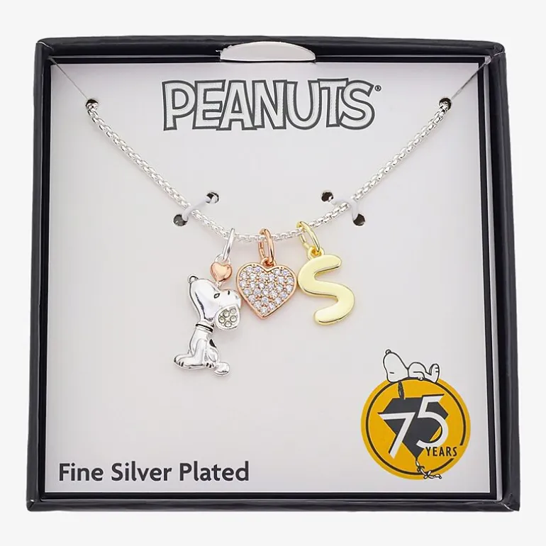 Peanuts Initial Womens Cubic Zirconia 10K Gold Over Brass Pure Silver Over Brass Heart 16 Inch Charm Pendant Necklace