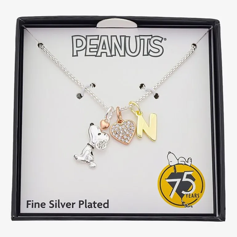 Peanuts Initial Womens Cubic Zirconia 10K Gold Over Brass Pure Silver Over Brass Heart 16 Inch Charm Pendant Necklace