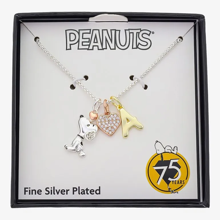 Peanuts Initial Womens Cubic Zirconia 10K Gold Over Brass Pure Silver Over Brass Heart 16 Inch Charm Pendant Necklace