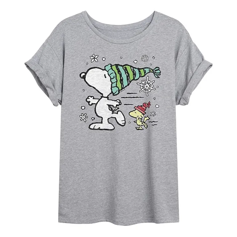 Peanuts Snoopy And Woodstock Skating Tee Womens Juniors Scoop Neck Short Sleeve Oversized Peanuts Snoopy Graphic T-Shirt