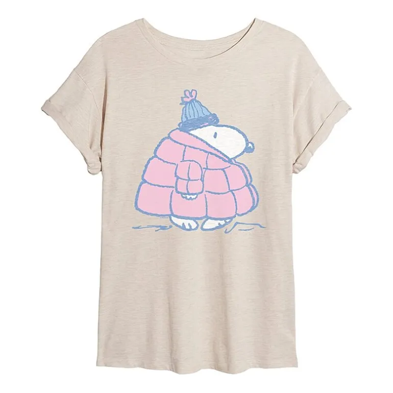 Peanuts Snoopy Coat Tee Womens Juniors Scoop Neck Short Sleeve Oversized Peanuts Snoopy Graphic T-Shirt
