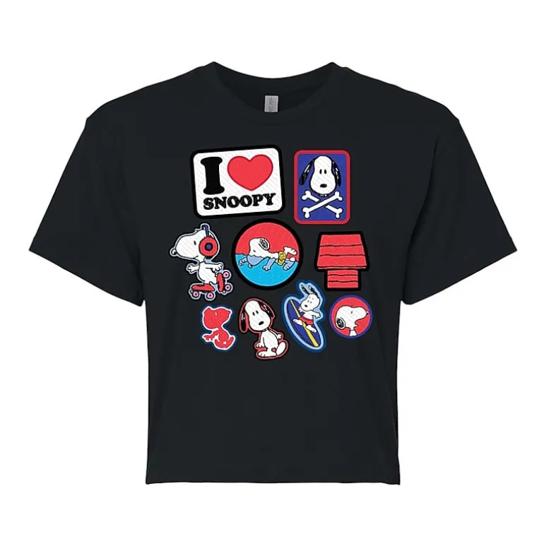 Peanuts Snoopy Patches Tee Womens Juniors Crew Neck Short Sleeve Regular Fit Peanuts Snoopy Graphic T-Shirt