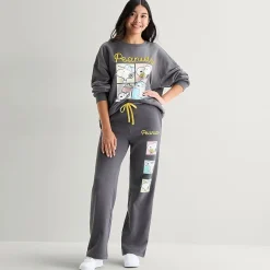 Peanuts Sweatpant Womens Juniors Wide Leg High Rise Peanuts Fleece Sweatpant