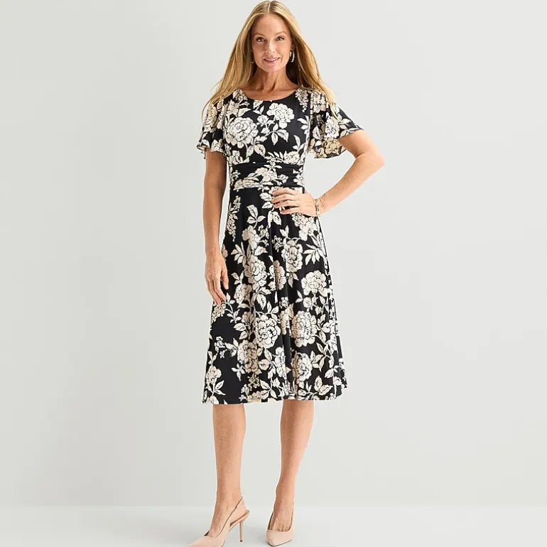 Perceptions Womens Midi Crew Neck Short Sleeve Flutter Floral Fit + Flare Dress