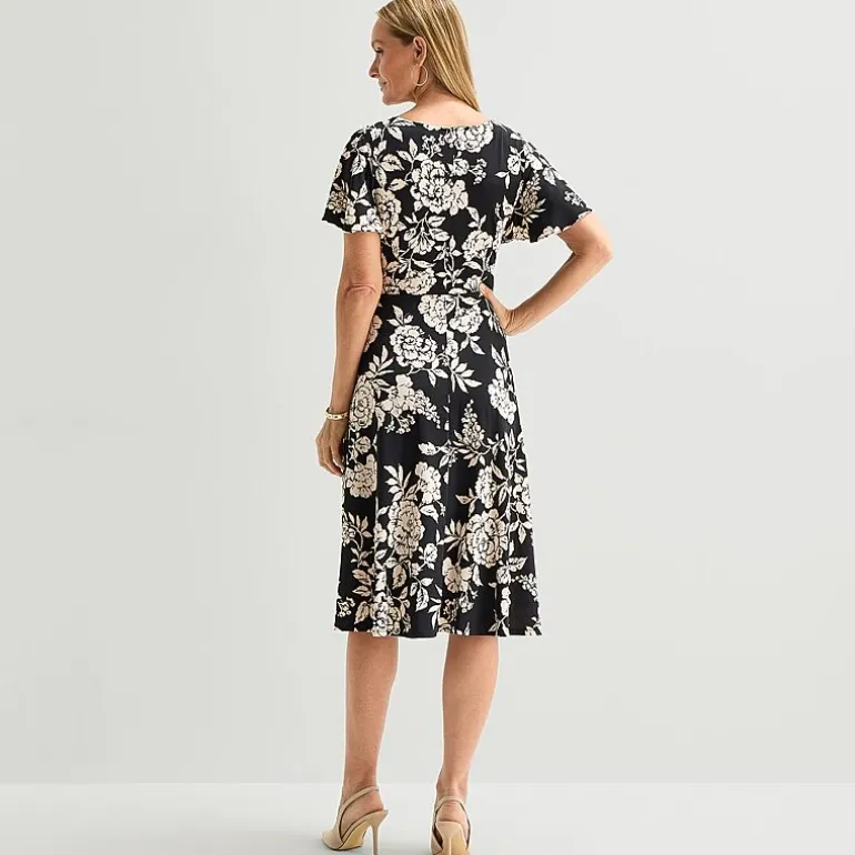 Perceptions Womens Midi Crew Neck Short Sleeve Flutter Floral Fit + Flare Dress