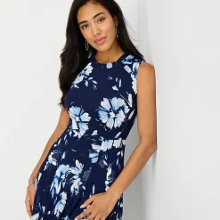 Perceptions Womens Midi Crew Neck Sleeveless Floral Fit + Flare Dress