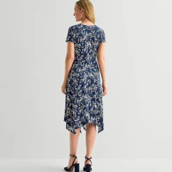 Perceptions Womens Midi V Neck Short Sleeve Floral Fit + Flare Dress