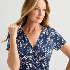 Perceptions Womens Midi V Neck Short Sleeve Floral Fit + Flare Dress