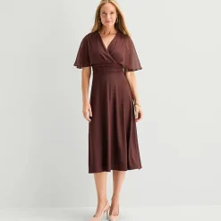 Perceptions Womens Midi V Neck Short Sleeve Cape Fit + Flare Dress