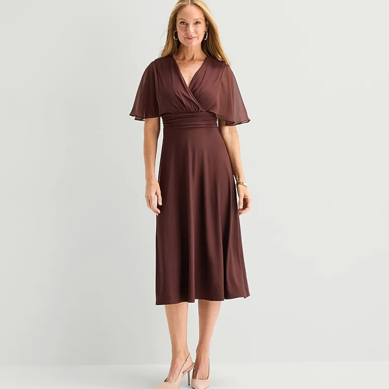 Perceptions Womens Midi V Neck Short Sleeve Cape Fit + Flare Dress