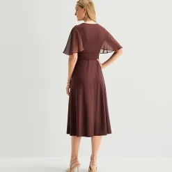 Perceptions Womens Midi V Neck Short Sleeve Cape Fit + Flare Dress