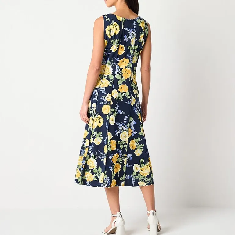 Perceptions Womens Petite Midi Round Neck Sleeveless Floral Fit + Flare Dress