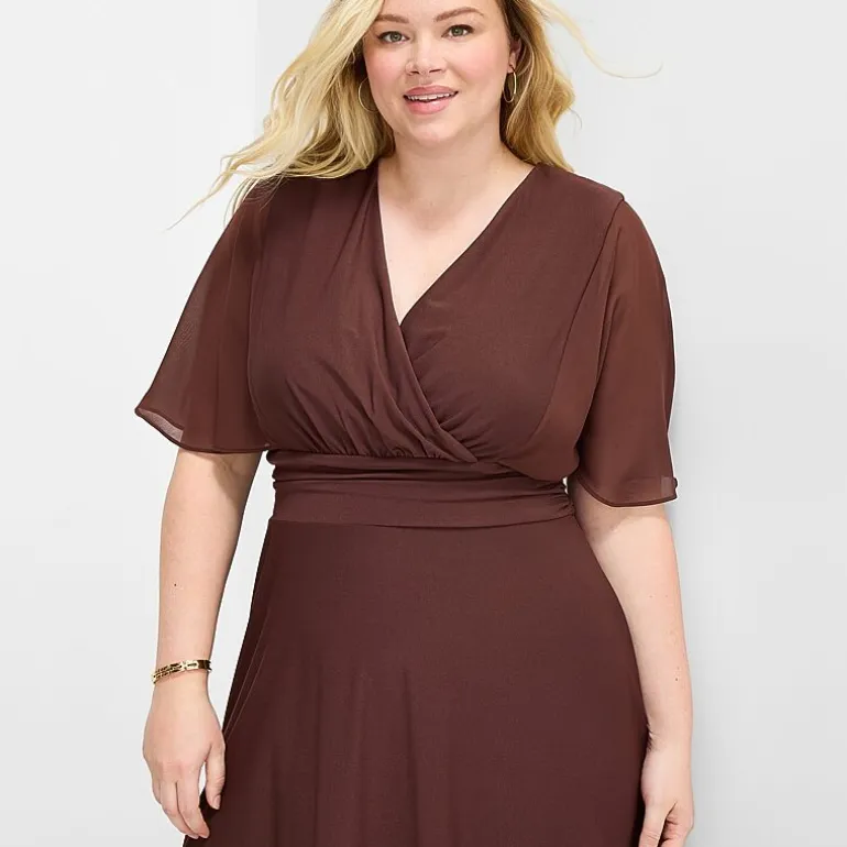 Perceptions Womens Plus Midi V Neck Short Sleeve Cape Fit + Flare Dress