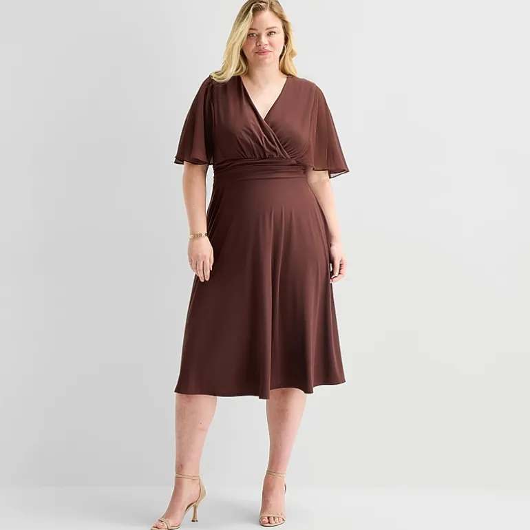 Perceptions Womens Plus Midi V Neck Short Sleeve Cape Fit + Flare Dress
