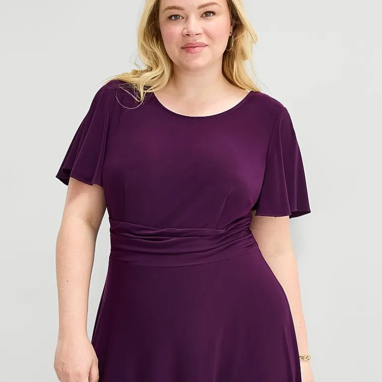 Perceptions Womens Plus Midi Round Neck Short Sleeve Flutter Fit + Flare Dress
