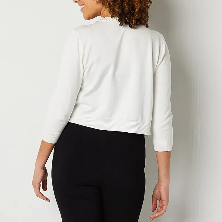 Perceptions Womens 3/4 Sleeve Beaded Trim Knit Shrug