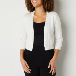 Perceptions Womens 3/4 Sleeve Beaded Trim Knit Shrug