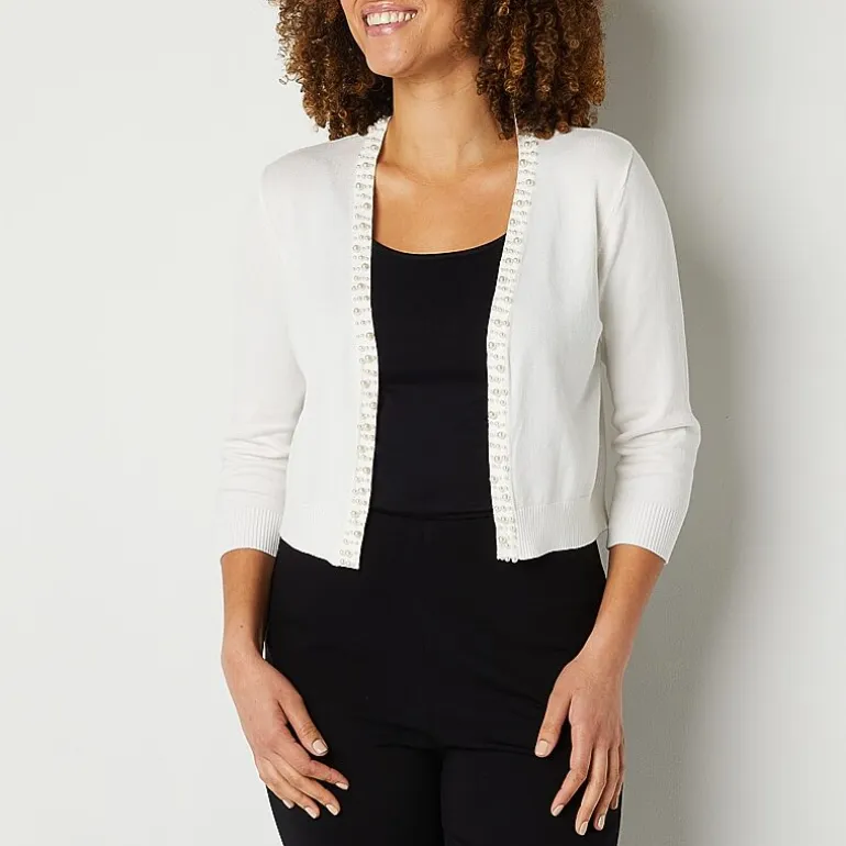 Perceptions Womens 3/4 Sleeve Beaded Trim Knit Shrug