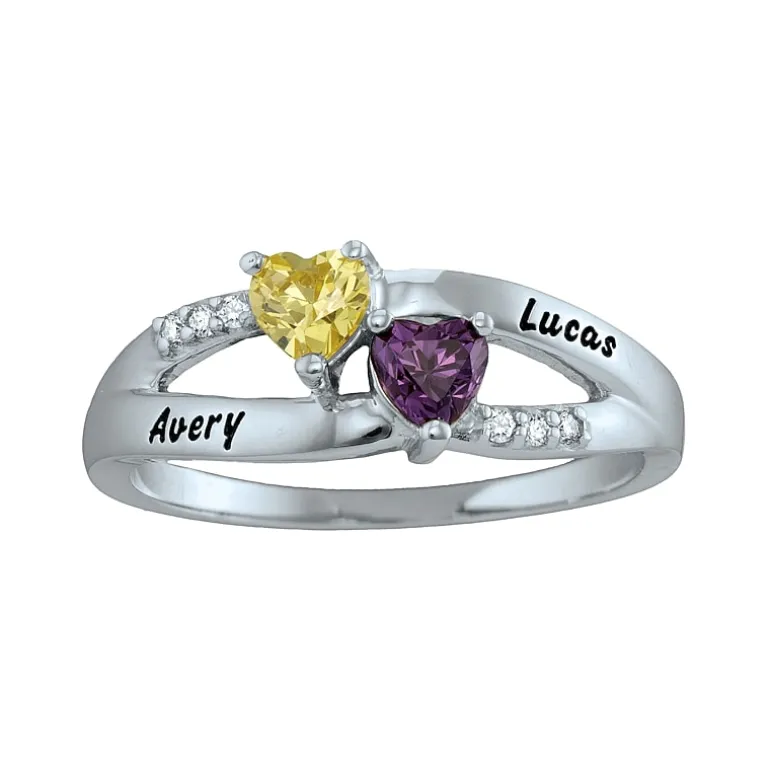 Personalized Engraved Simulated Birthstone Heart Split Shank Ring