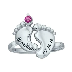 Personalized Simulated Birthstone Engraved Baby Feet Ring