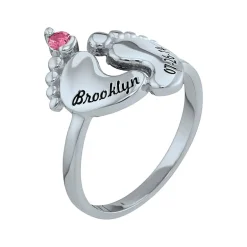Personalized Simulated Birthstone Engraved Baby Feet Ring