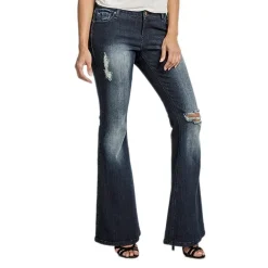 Poetic Justice Womens Mid Rise Ripped Stretch Fabric Curvy Fit Flare Leg Jean