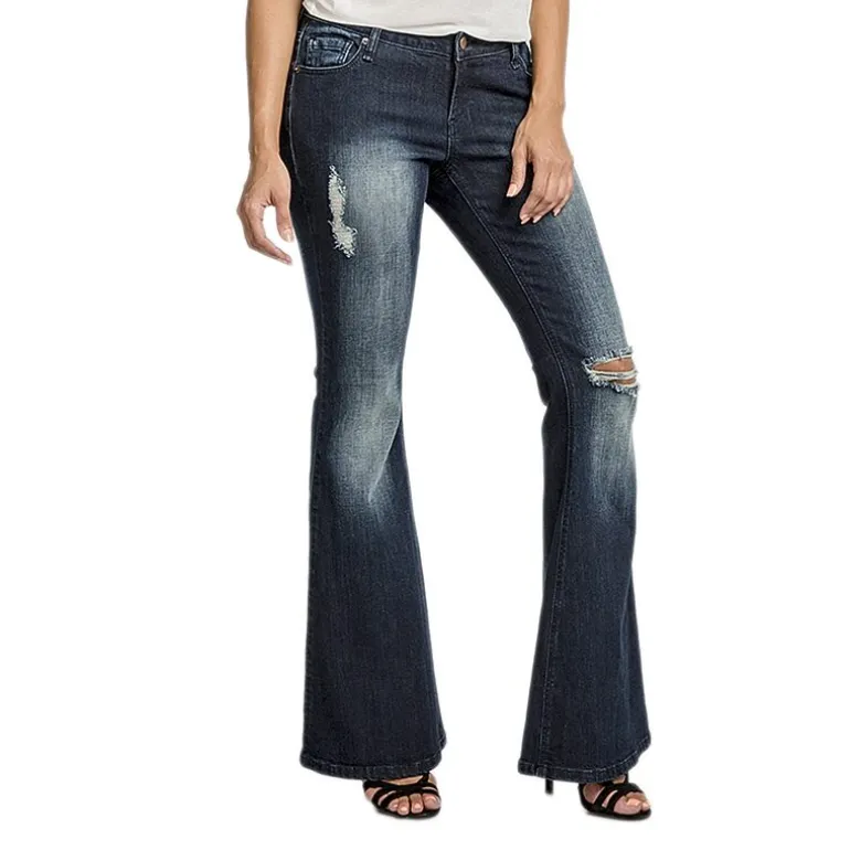 Poetic Justice Womens Mid Rise Ripped Stretch Fabric Curvy Fit Flare Leg Jean