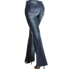Poetic Justice Womens Mid Rise Ripped Stretch Fabric Curvy Fit Flare Leg Jean