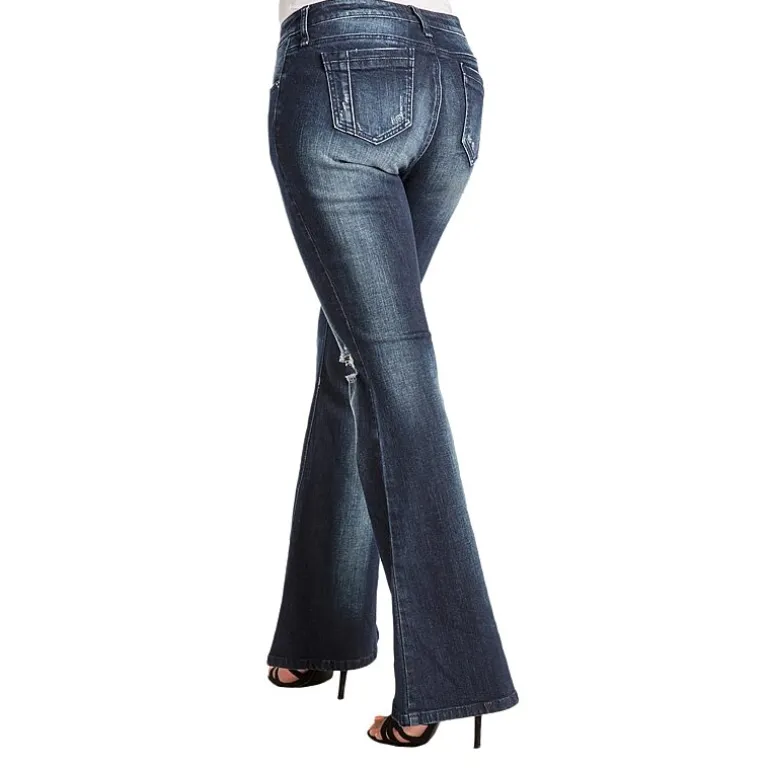 Poetic Justice Womens Mid Rise Ripped Stretch Fabric Curvy Fit Flare Leg Jean