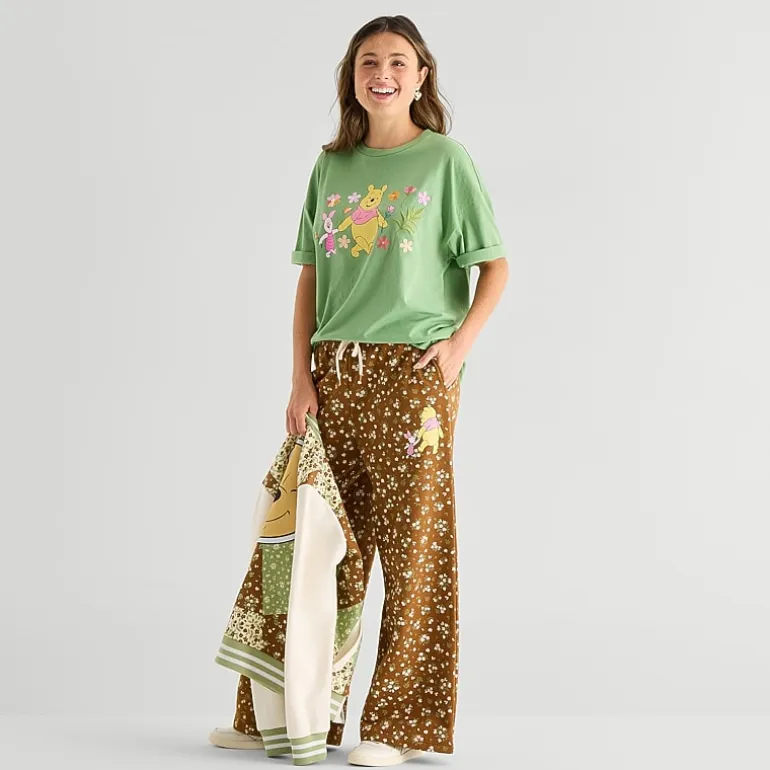 Pooh Aop Wide Leg Bottom Womens Juniors Wide Leg Mid Rise Winnie The Pooh Sweatpant