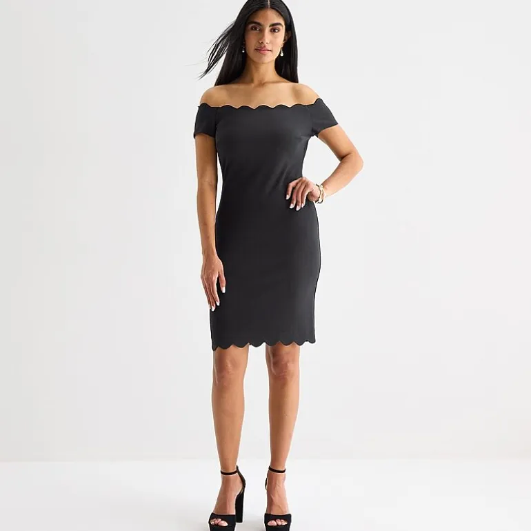 Premier Amour Off The Shoulder Womens Scallop Neck Short Sleeve Sheath Dress