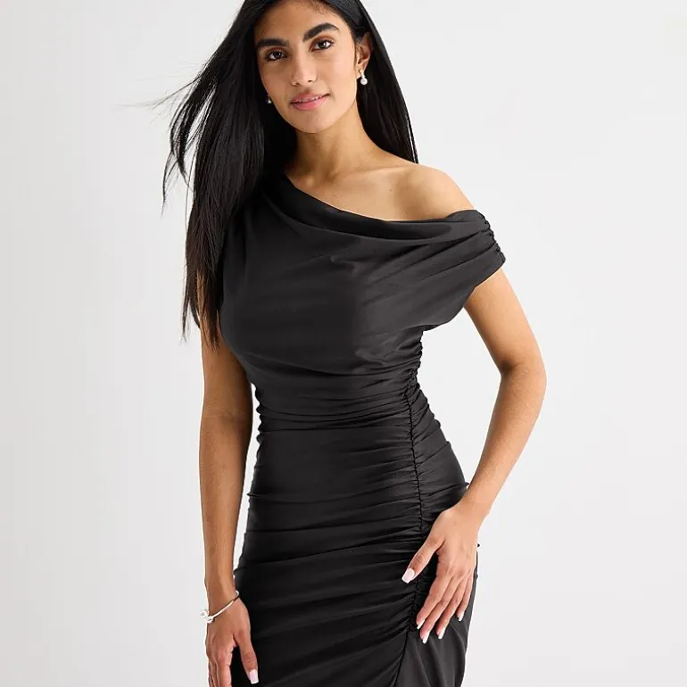 Premier Amour One Shoulder Womens Midi Asymmetrical Neck Short Sleeve Sheath Dress
