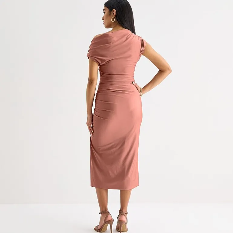 Premier Amour One Shoulder Womens Midi Asymmetrical Neck Short Sleeve Sheath Dress