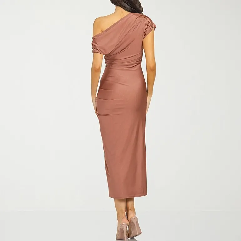 Premier Amour One Shoulder Womens Midi Asymmetrical Neck Short Sleeve Sheath Dress
