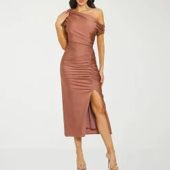 Premier Amour One Shoulder Womens Midi Asymmetrical Neck Short Sleeve Sheath Dress