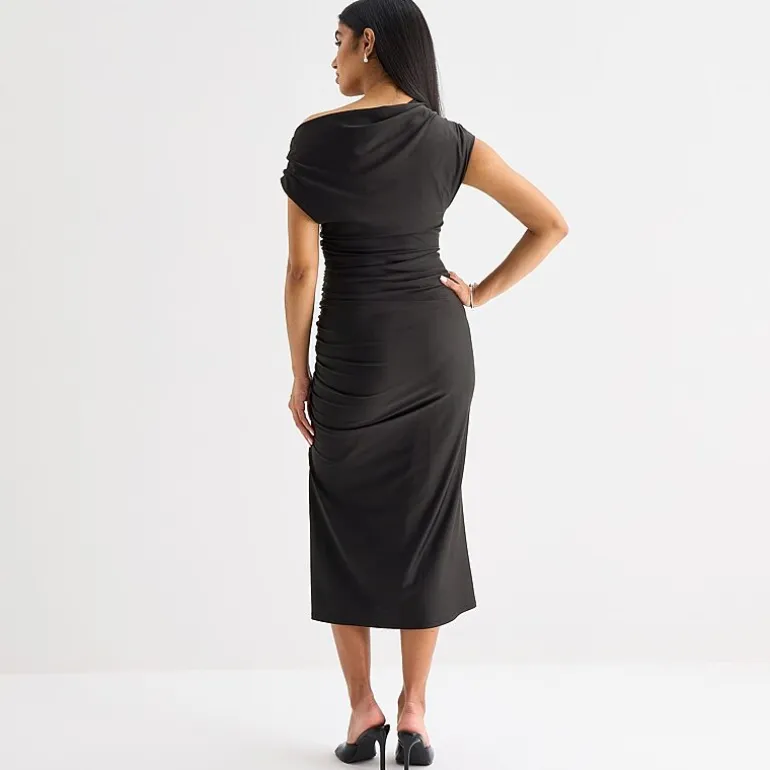 Premier Amour One Shoulder Womens Midi Asymmetrical Neck Short Sleeve Sheath Dress