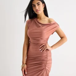 Premier Amour One Shoulder Womens Midi Asymmetrical Neck Short Sleeve Sheath Dress