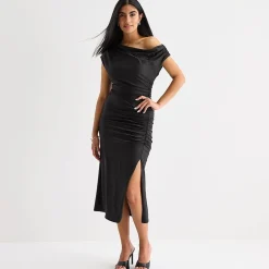 Premier Amour One Shoulder Womens Midi Asymmetrical Neck Short Sleeve Sheath Dress