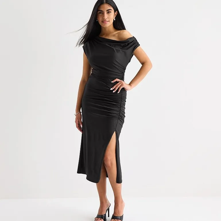 Premier Amour One Shoulder Womens Midi Asymmetrical Neck Short Sleeve Sheath Dress