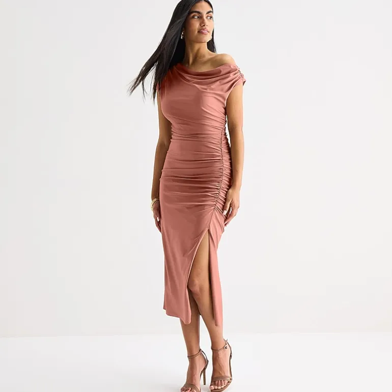 Premier Amour One Shoulder Womens Midi Asymmetrical Neck Short Sleeve Sheath Dress