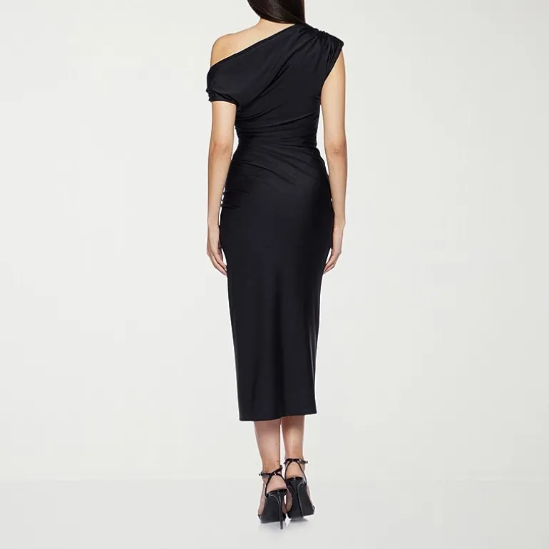 Premier Amour One Shoulder Womens Midi Asymmetrical Neck Short Sleeve Sheath Dress
