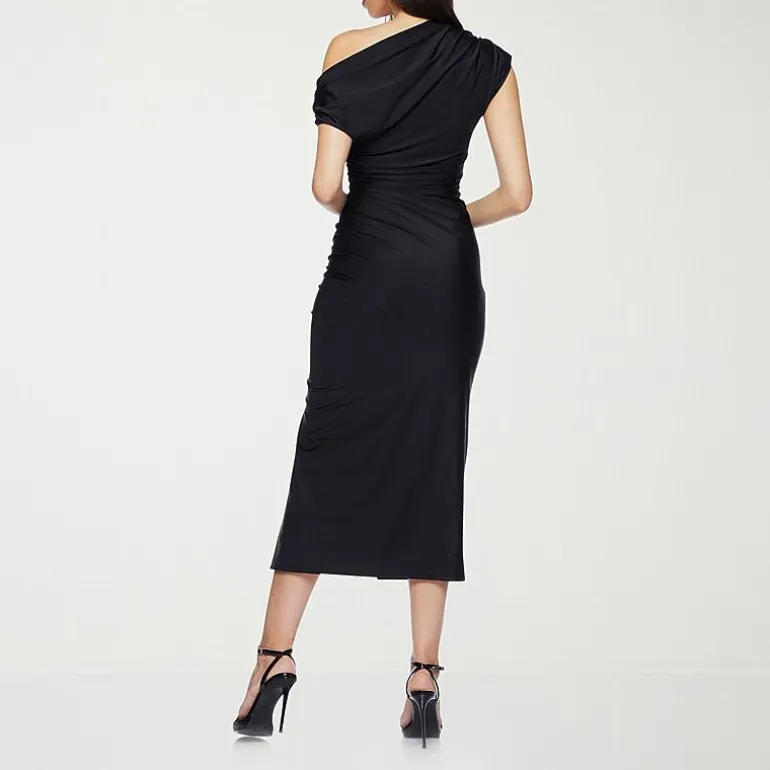 Premier Amour One Shoulder Womens Midi Asymmetrical Neck Short Sleeve Sheath Dress
