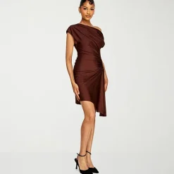 Premier Amour Womens Asymmetrical Neck Sleeveless Off the Shoulder Fit + Flare Dress