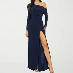 Premier Amour Womens Asymmetrical Neck Long Sleeve Off the Shoulder Embellished Evening Gown