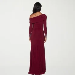 Premier Amour Womens Asymmetrical Neck Long Sleeve Off the Shoulder Embellished Evening Gown