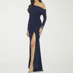 Premier Amour Womens Asymmetrical Neck Long Sleeve Off the Shoulder Embellished Evening Gown