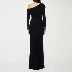 Premier Amour Womens Asymmetrical Neck Long Sleeve Off the Shoulder Embellished Evening Gown